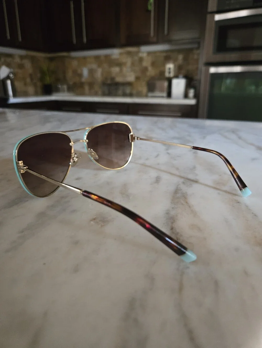 Tiffany & Co. Gold & Blue Aviator Sunglasses with Brown Lenses TF3066
